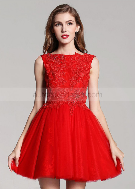 Red Lace Tulle Short Evening Dress